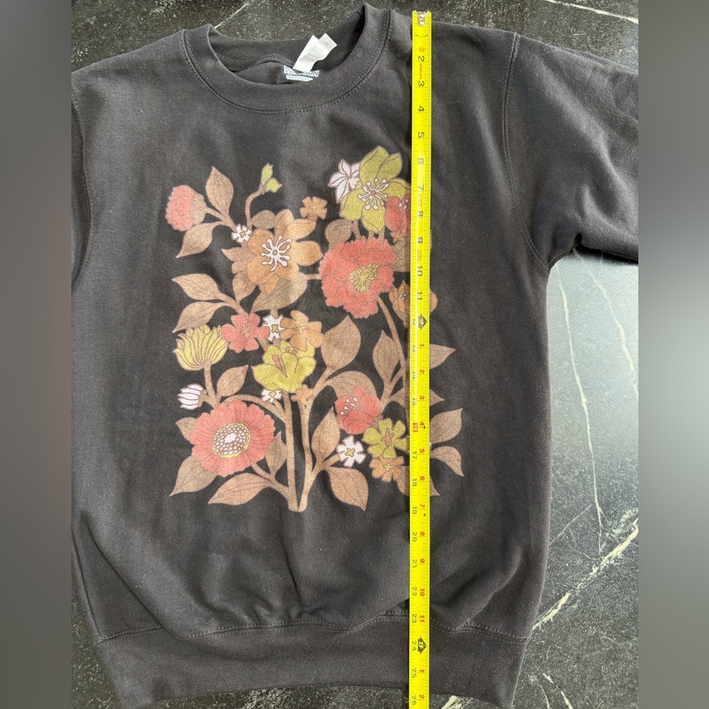 Fifth Sun SMALL Black, Brown, and Red Fall Floral Crew Neck Sweatshirt - Picture 5 of 7